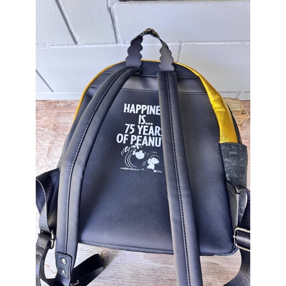 Loungefly Peanuts 75th Anniversary Mini Backpack Snoopy Charlie Brown Black Gold - Picture 4 of 11
